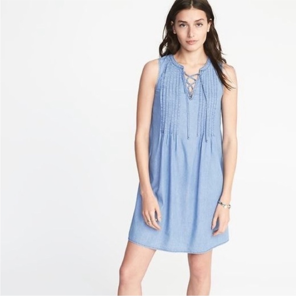 Old Navy Pintucked Sleeveless Chambray Swing Dress
